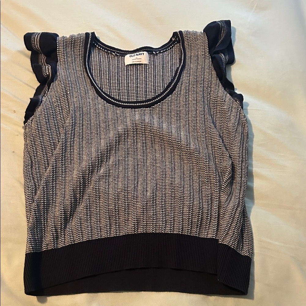 Old Navy Navy and White Ruffle Tank Top